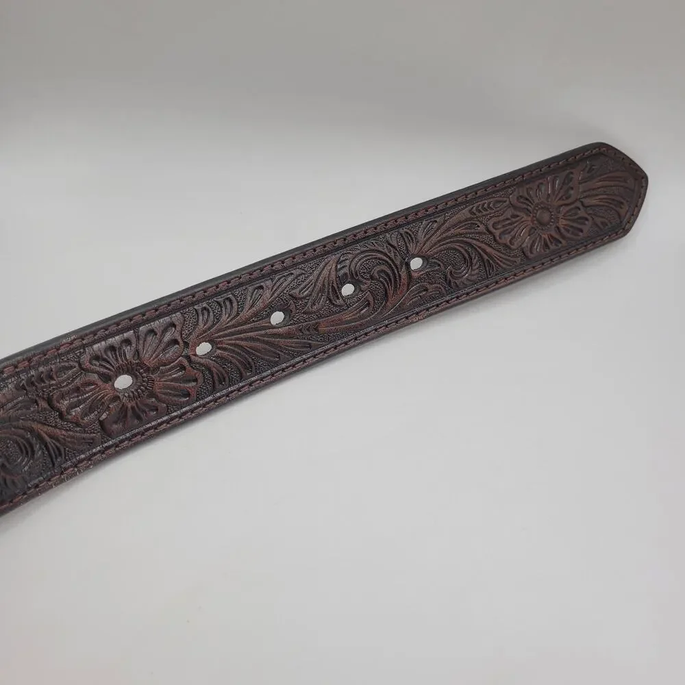 Nocona Belt Mens 42 Brown Leather Tooled Floral Western Cowboy Silver Buckle